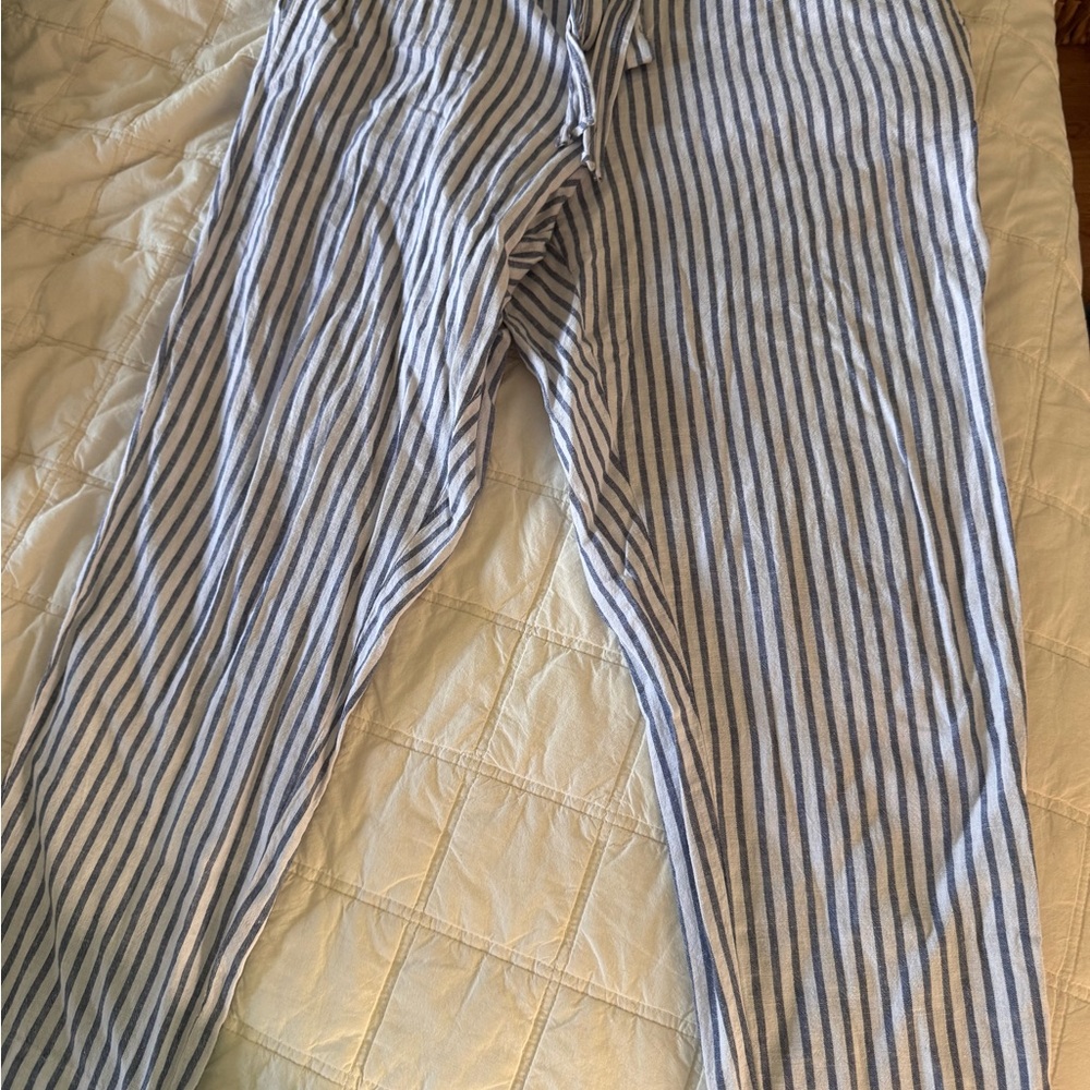 Beachlunchlounge Navy and White Linen Striped Pants